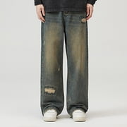 LOVZFMLL Jeans Men Fashionable Men's Casual Distressed Irregular Hole Straight Leg Denim Pants