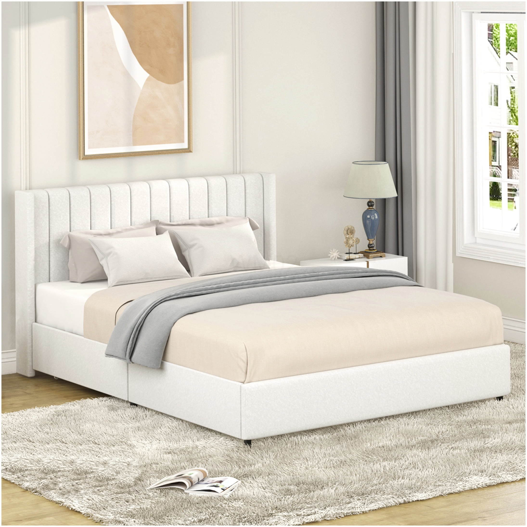 Ivory Queen Upholstered Storage Bed Frame with Wingback Headboard, 4 Large Drawers, Wood Slat Support, No Box Spring Needed