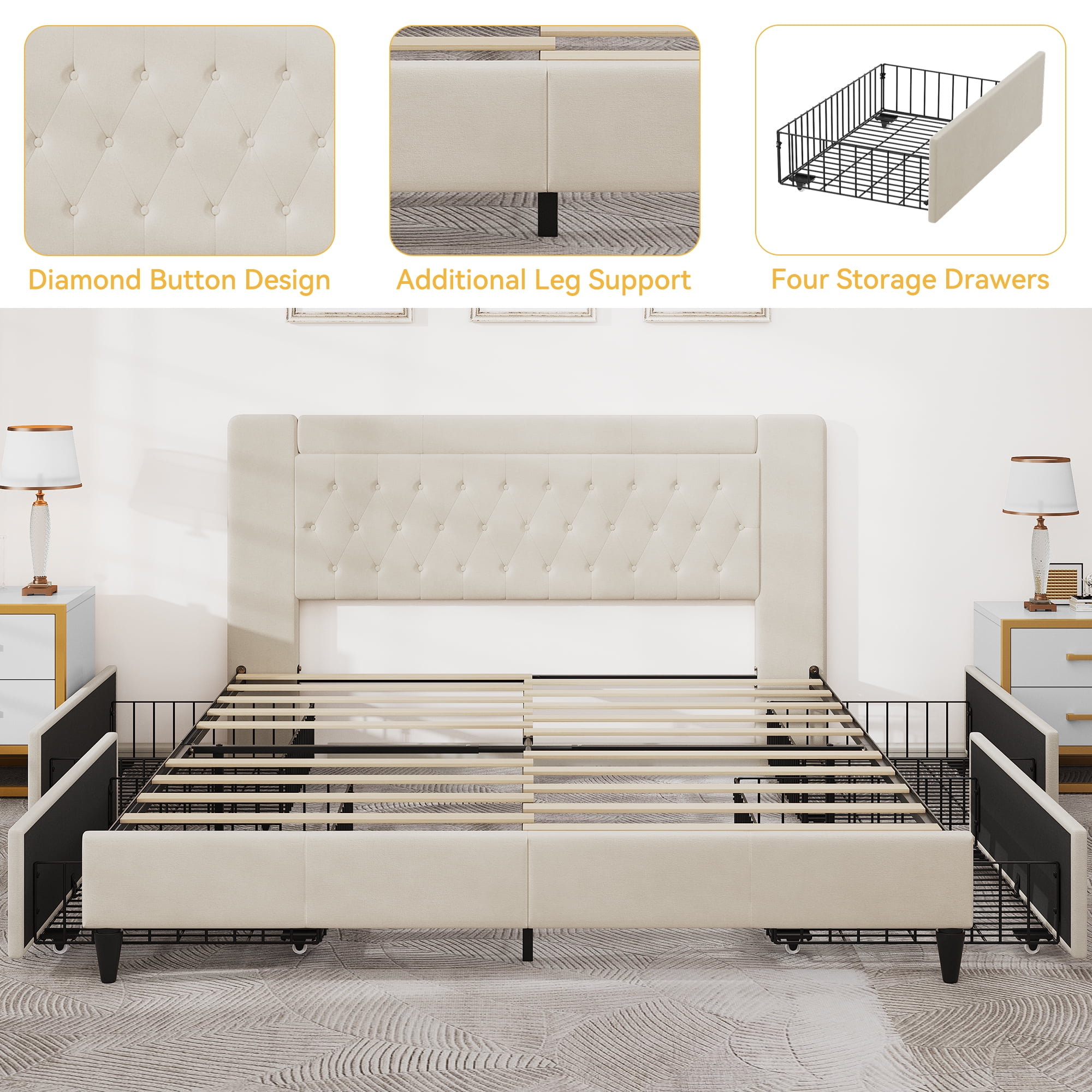 Dextrus King Size Storage Bed Frame with Headboard & 4 Drawers,No Box Spring Needed, Beige