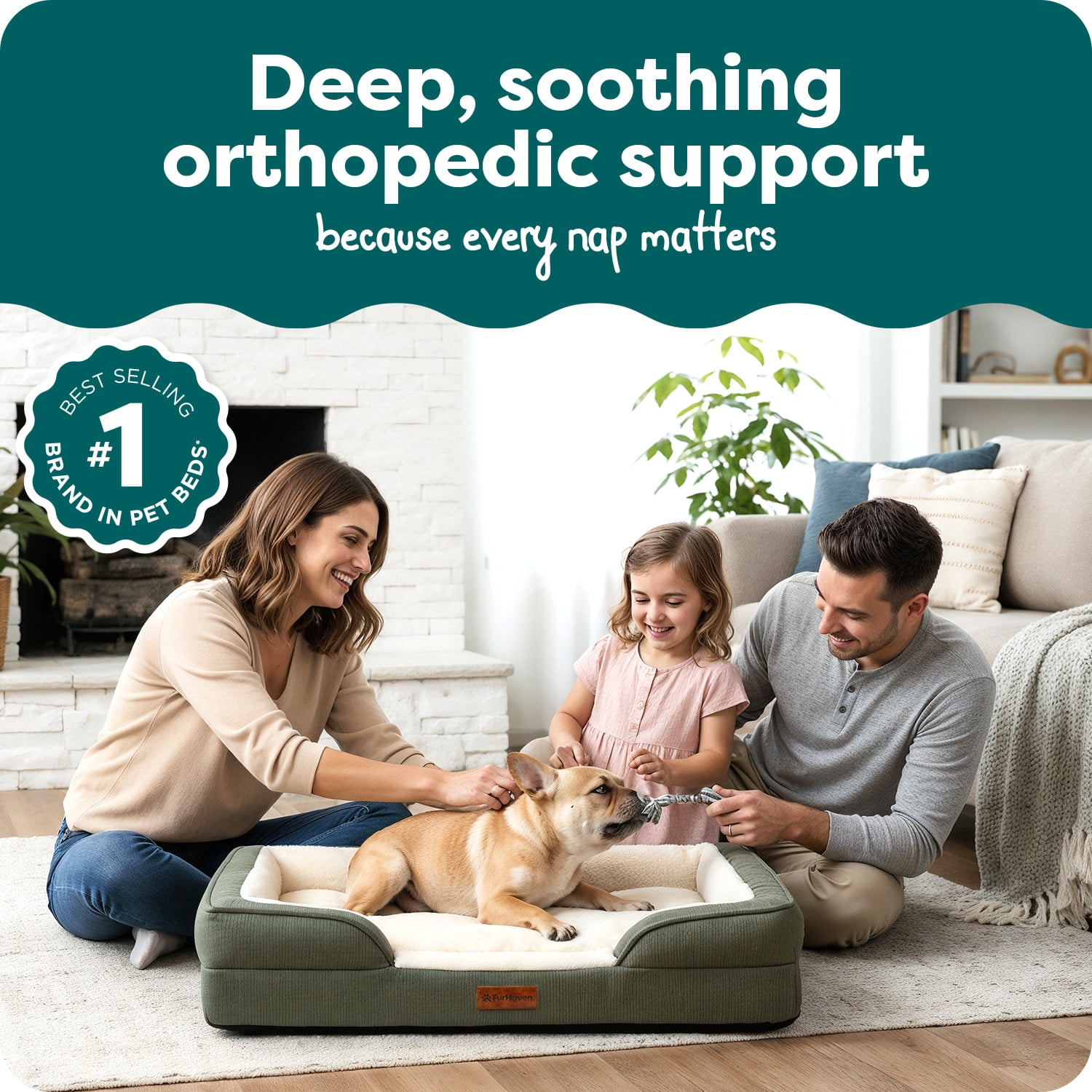 Furhaven Pet Products Medium Nest-Top Perfect Comfort Sofa Orthopedic Ped Bed, 30"x20", Green