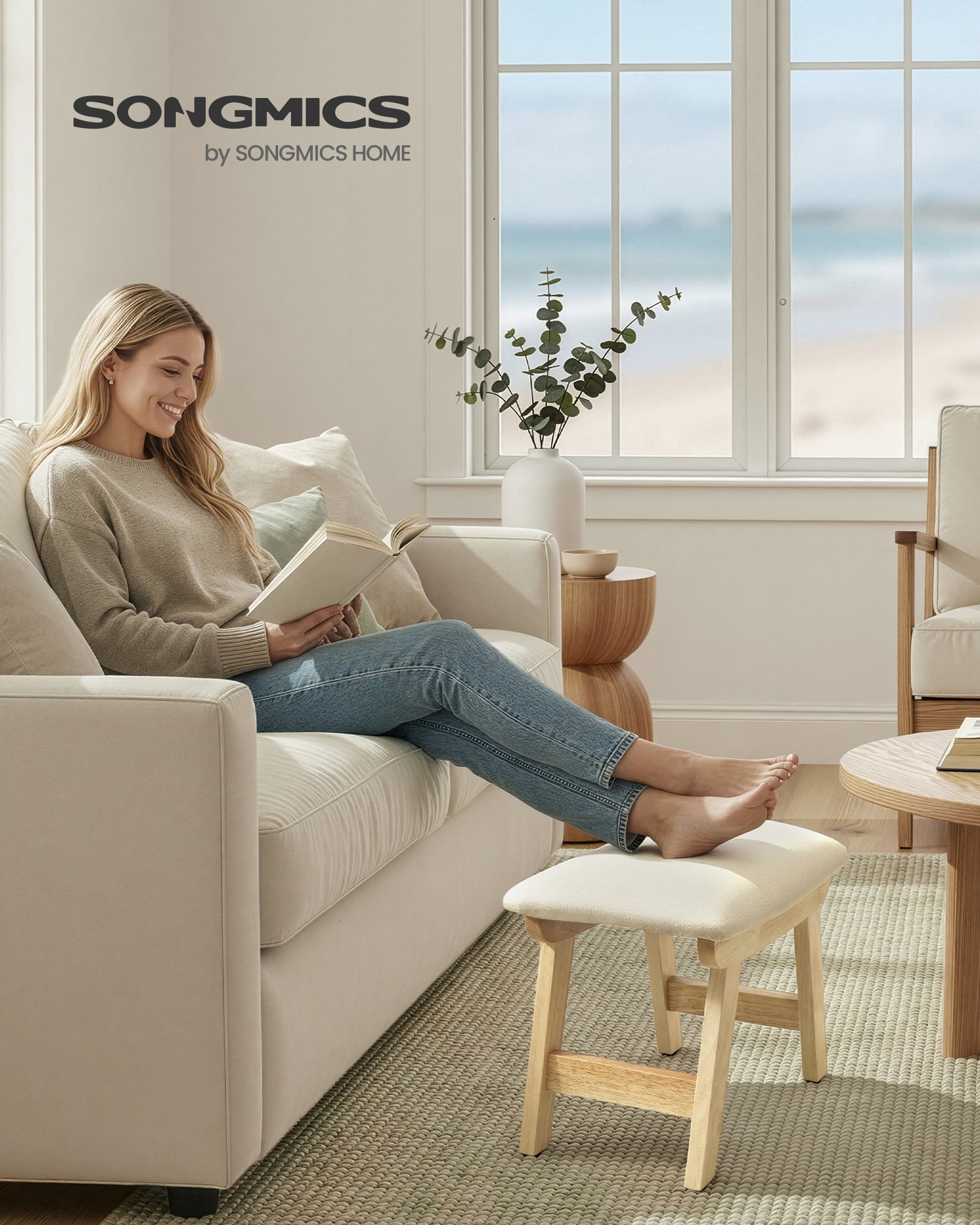 SONGMICS Foot Stool Ottoman, Padded Foot Rest Under Desk with Solid Wood Frame, Removable Cover, Summer Sand and Natural Beige