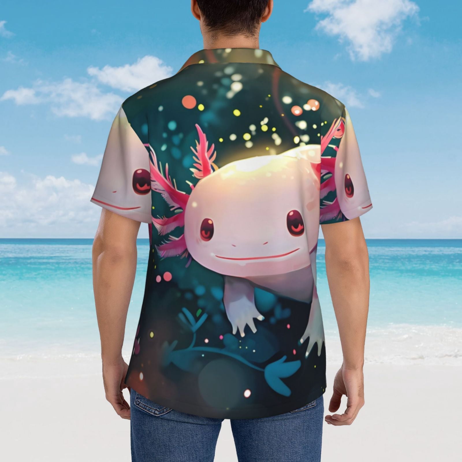 Logiee Whimsical Axolotl Fantasy Print Mens Hawaiian Shirts,Loose-Fit Short Sleeve Button Down Tropical Aloha Beach Shirt,Summer Vacation Wedding Tops,3X-Large