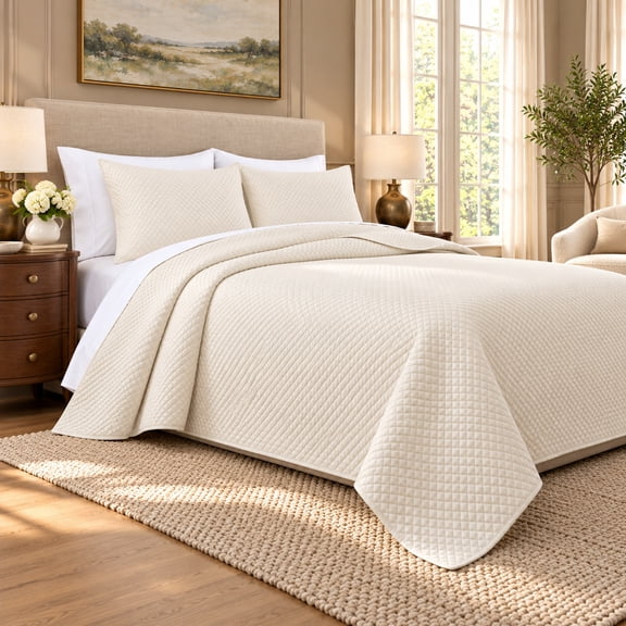 Wamsutta 1846 Cotton Tencel 3-Piece Gardenia Diamond Stitch Quilt Set, Full/Queen