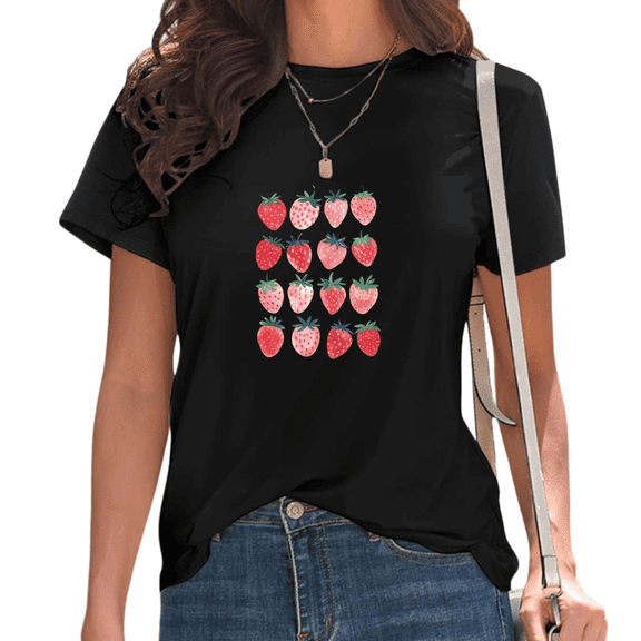 Black Watercolor Strawberry Grid Print T-Shirt Women's Casual Loose Fit Short Sleeve Fresh Fruit Aesthetic Summer Vacation Graphic Tee Tops S-5XL
