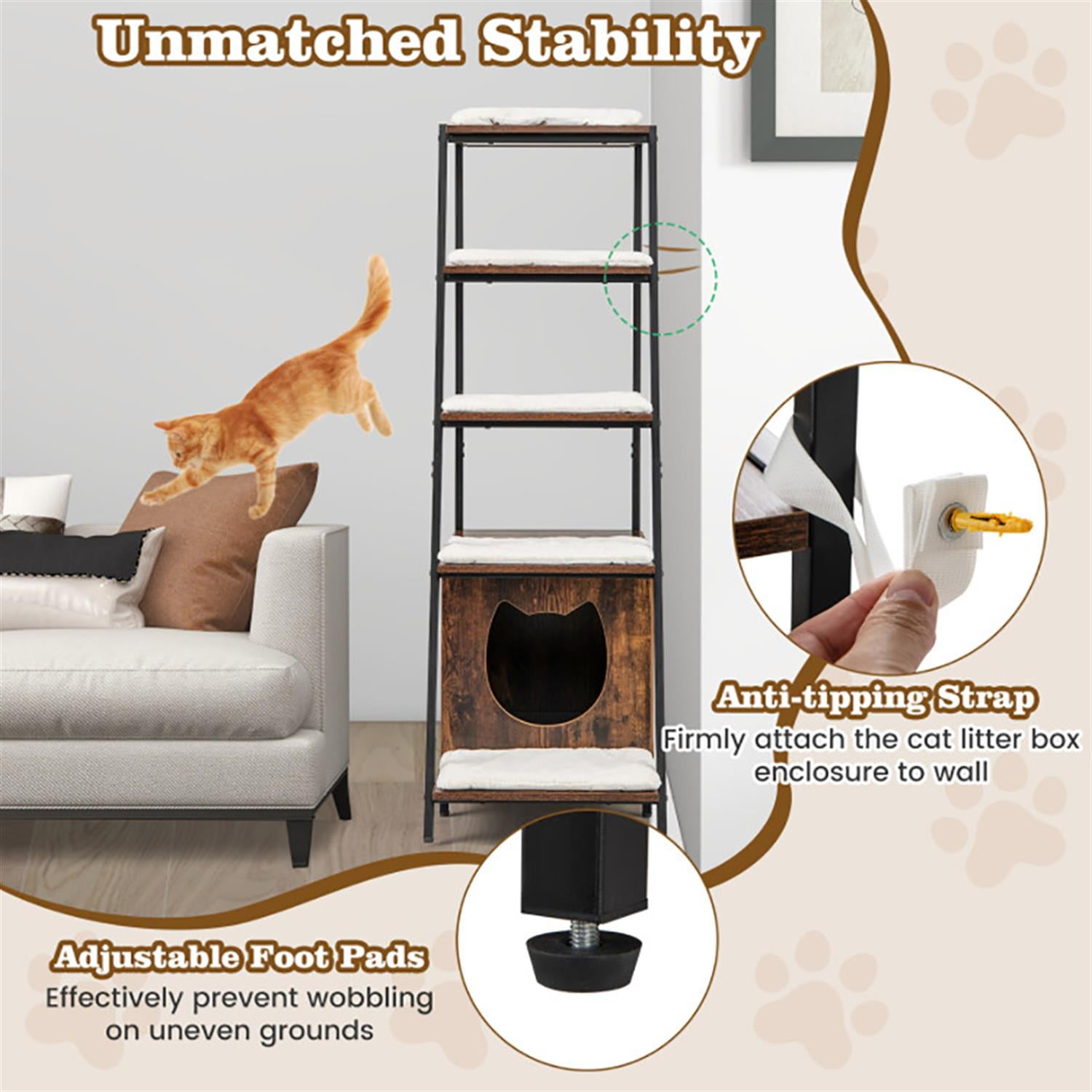 resenkos Large Cat Litter Box Enclosure with Storage and Ladder Shelf, Hidden Litter Box for Cats, Cat House Furniture for Side Table or Nightstand, Brown