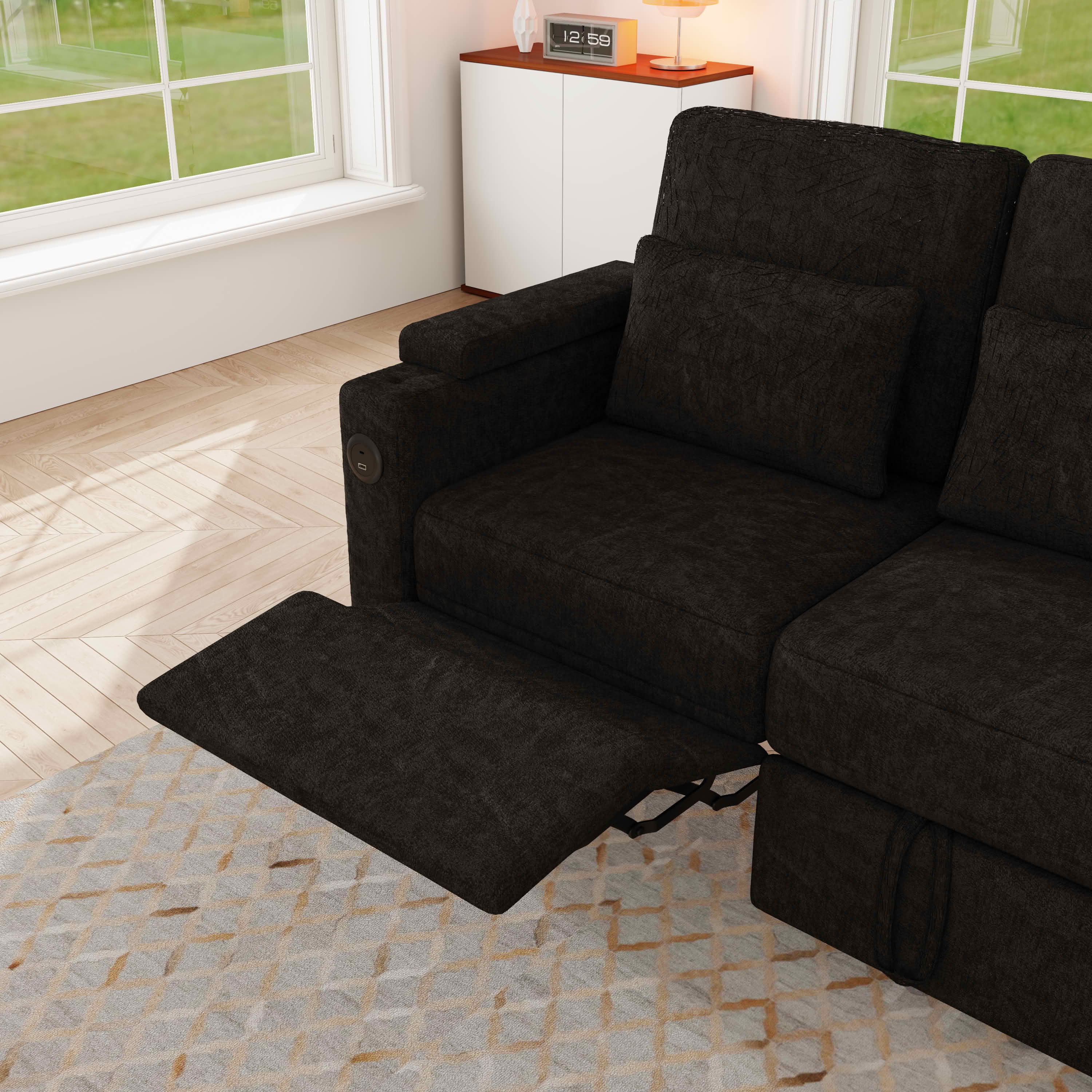 MAYEERTY 83-Inch Black Chenille 3-Seat 3-in-1 Foldable Sofa Bed, Modular Couch with Adjustable Backrest, USB Ports, Table Board & Storage Armrests