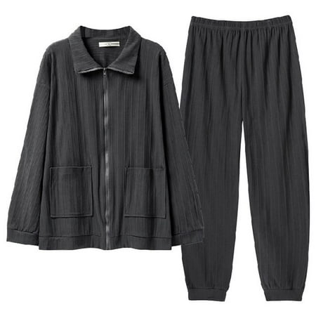 

CoCopeaunt Women New Spring And Summer Pajama Set Cotton striped zipper stand-up collar sports fashion pajamas Long Sleeved Home Cloth