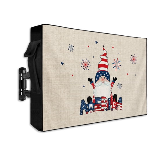 Burlap Independence Celebration American Flag Outdoor TV Cover 52 to 55 Inch Waterproof, Retro Linen Cute Dwarf 600D Oxford TV Covers with Zipper, Outside Flat TV Screen Protector 52"Wx19"Hx4.5"D