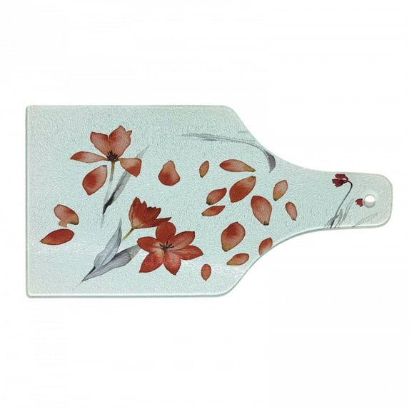 Floral Cutting Board, Autumn Flowers and Leaves Petals Illustration in Watercolors Painting Art, Decorative Tempered Glass Cutting and Serving Board, Wine Bottle Shape, Red Purplegrey, by Ambesonne
