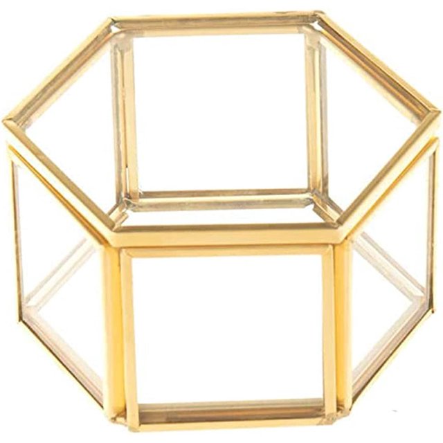 ZHAOCHENG Joyero de vidrio hexagonal,Caja de almacenamiento para exhibición de joyasCaja de joyería transparenteJoyero geométrico dorado,Estuche para anillosPendientesCollarPulseras
