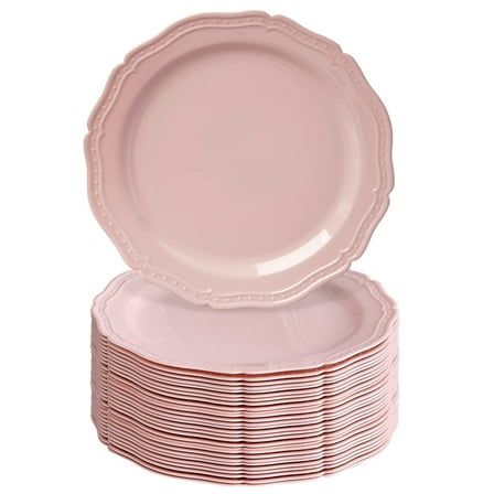 Vintage Embossed Plastic Dinner Plates for AFN1Party (20 Heavy Duty Disposable Dinner Set 10.25", Fine China Look Dishes, Perfect for Baby Showers, Weddings etc. - Blush - CountrySide Collection