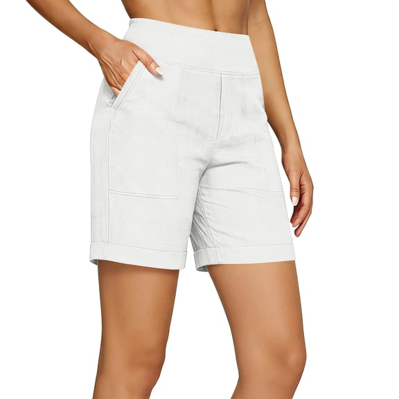 Womens High Waisted Linen Shorts Summer Casual Wide Leg Flowy Shorts with Pockets Summer Beach Vacation for Women White S