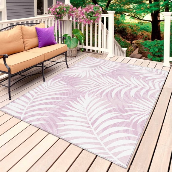 Palm Leaves Pink Outdoor Rug for Patio/Deck/Porch, Non-Slip Large Area Rug 3 x 5 Ft, Summer Botanical Coastal Tropical Indoor Outdoor Rugs Washable Area Rugs, Reversible Camping Rug Carpet Runner