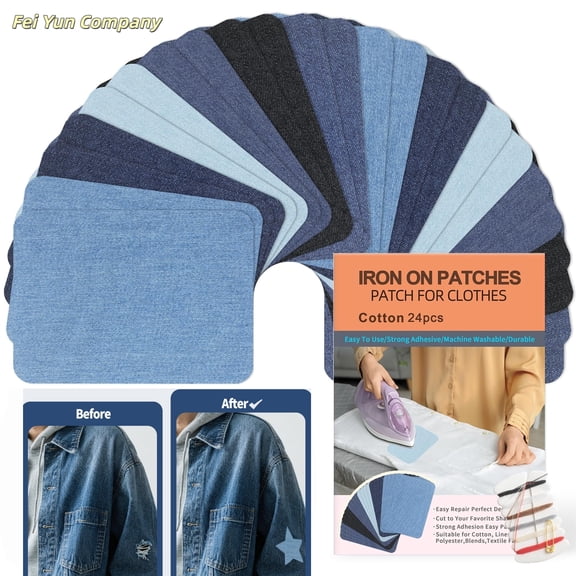 24 PCS Iron On Patches for Clothes, Iron On Patches for Jeans, Cotton Denim Repair Patch for Inside Jeans Fabric Kit, Jeans Knee, Pants, Clothing 3" by 4-1/4" Blue&Black