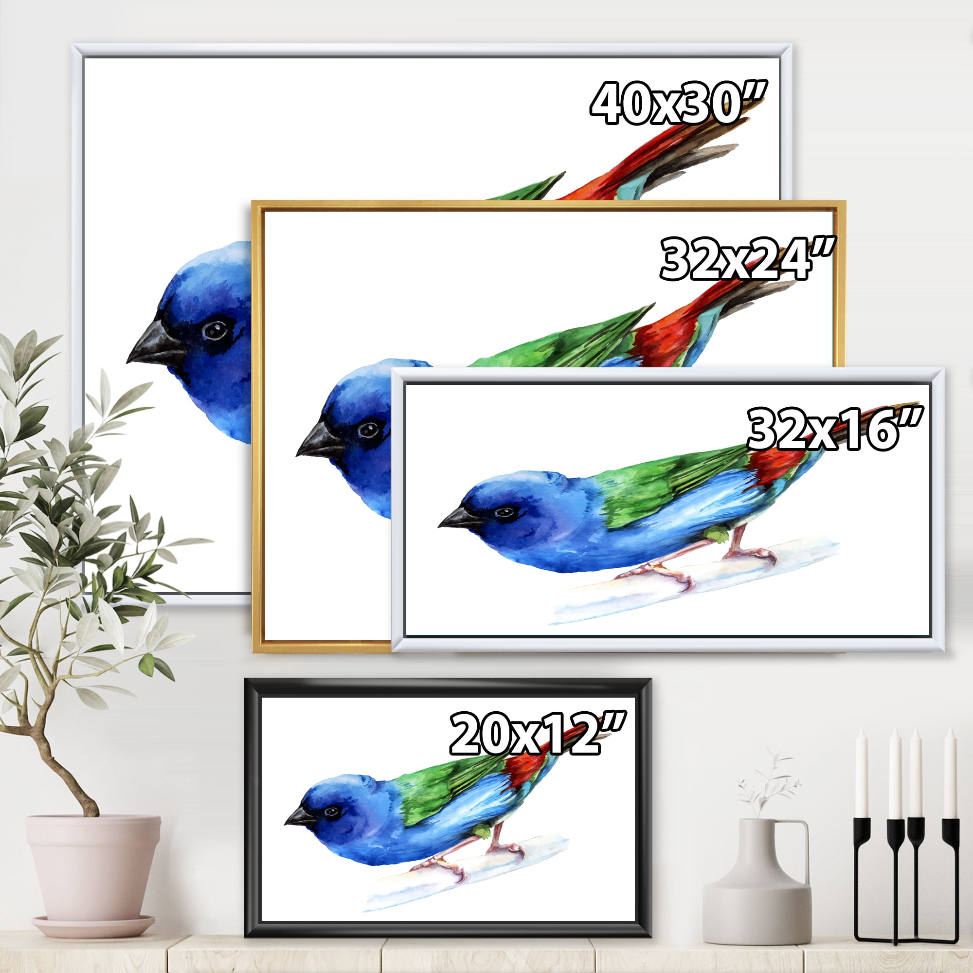 Forbes Finch Bird On Branch 32 in x 16 in Framed Painting Canvas Art Print, by Designart