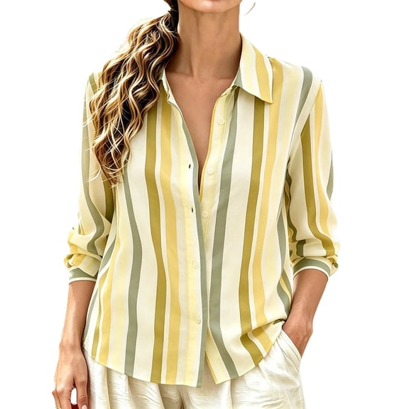 hoksml Women's Vertical Stripe Button Down Shirt, Loose Casual Blouse with Roll Tab Long Sleeve and Curved Hem
