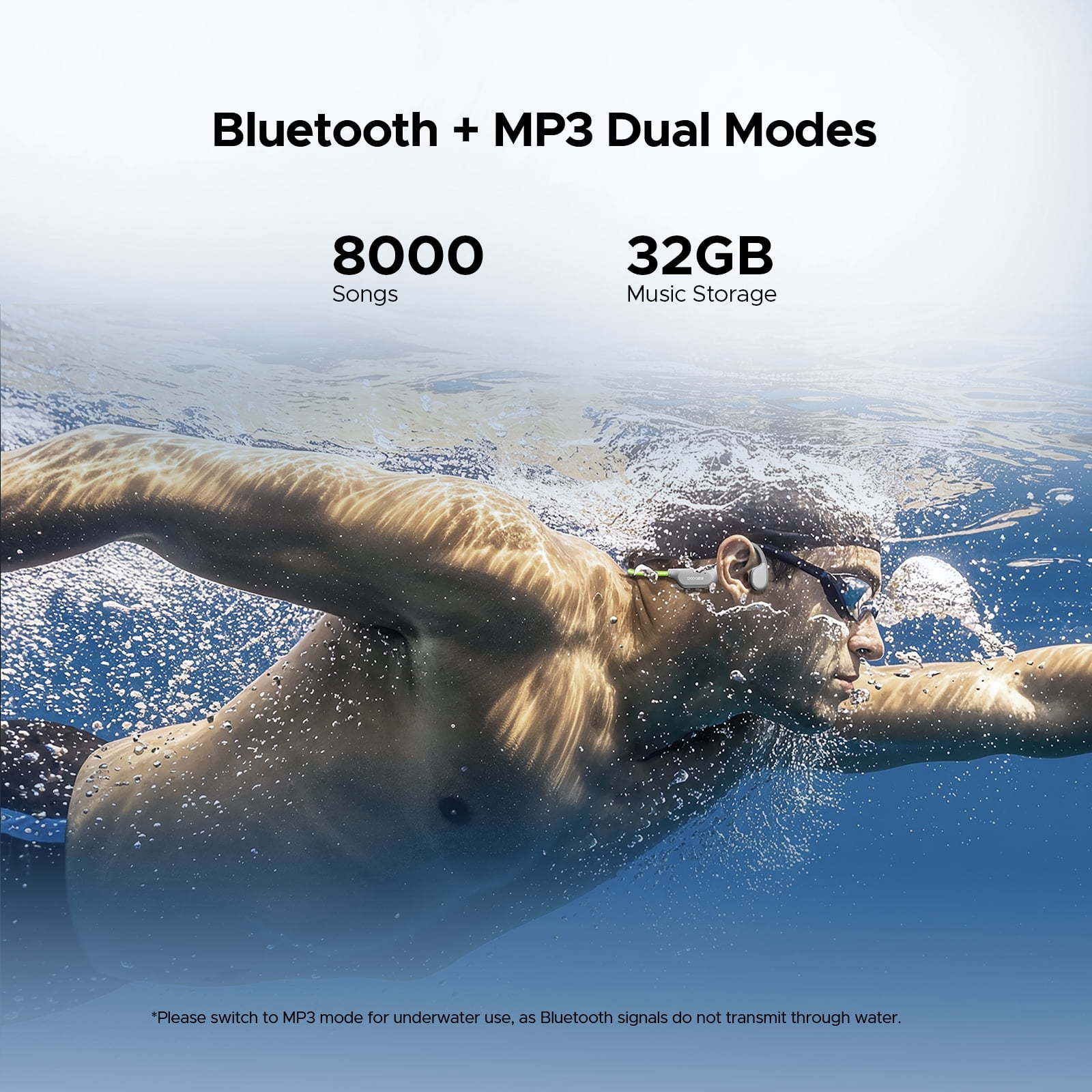 DOOGEE Bone Conduction Swimming Headphones, IP68 Waterproof Open Ear Headphones with 32GB MP3 Player, Bluetooth Audio and LED Safety Light