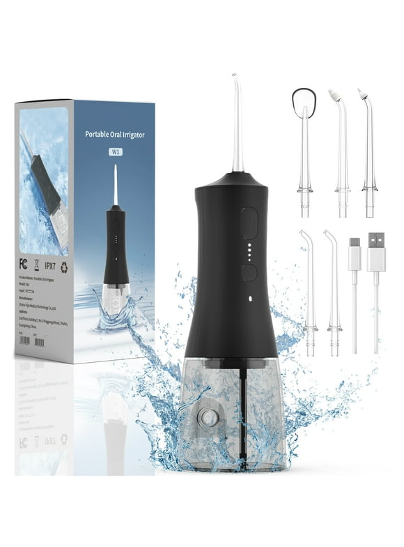 AIRROBO Cordless Water Flosser with 4 Cleaning Modes, 6 Jet Tips, 265ML Water Tank, IPX7 Waterproof, Rechargeable Portable Oral Irrigator for Teeth, W1 , Black