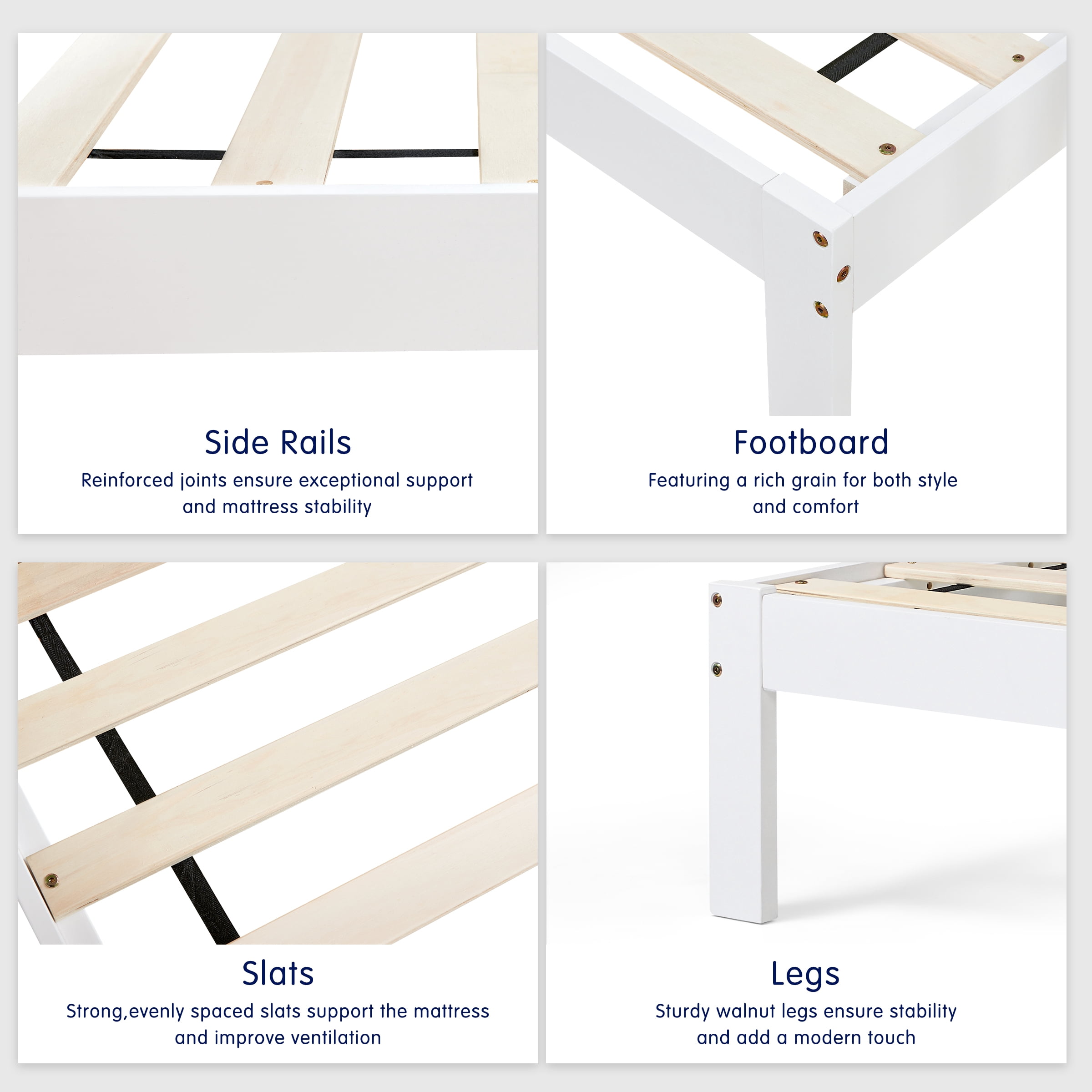 King Size Bed Frame, Solid Wood Platform with Wood Slat Support, No Box Spring Needed, White
