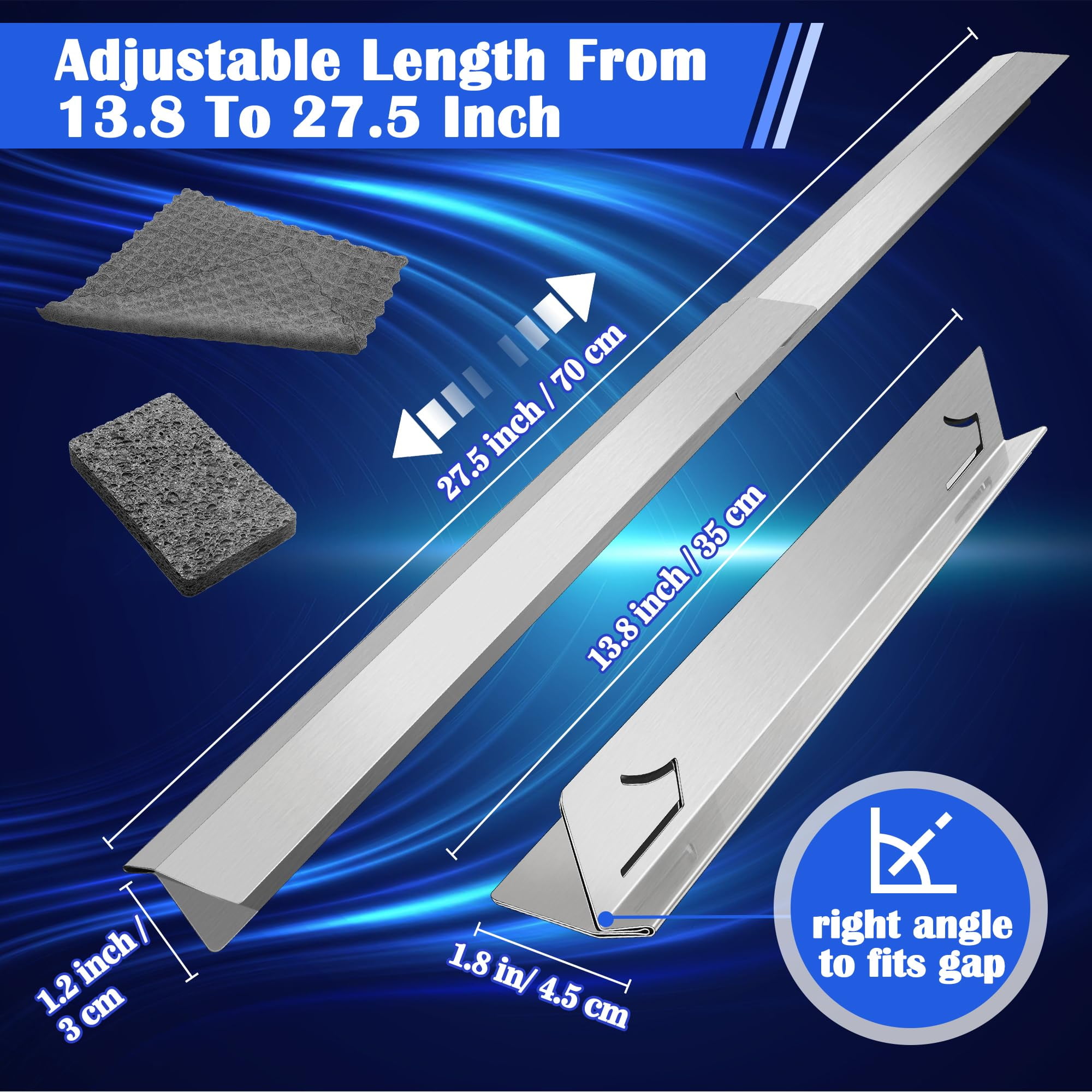 2 Pack T Shaped Stove Gap Covers Stainless Steel For Kitchen Between Stove and Counter Edge Filler Length 13.8" to 27.6" Include Clean Cloth and Sponge