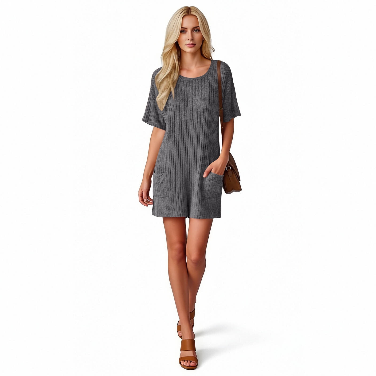 Dazajoo Knit Romper Women One Piece Short Sleeve Crewneck Rompers with Pockets Summer Casual Crisscross Lace-Up Back Shorts,Gray,M