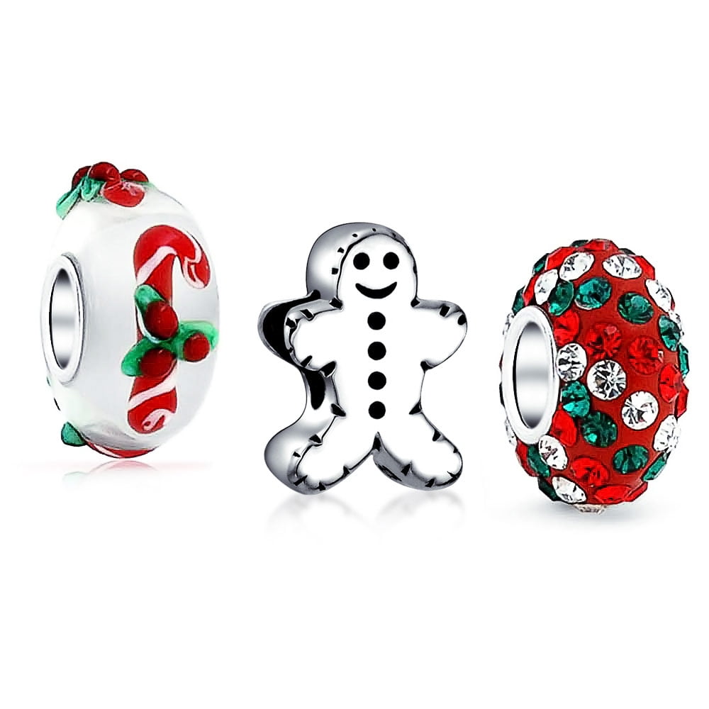 Bling Jewelry - Bling Jewelry 925 Sterling Silver Gingerbread Man Cookie Christmas Candy Cane Bead Set Fits Pandora