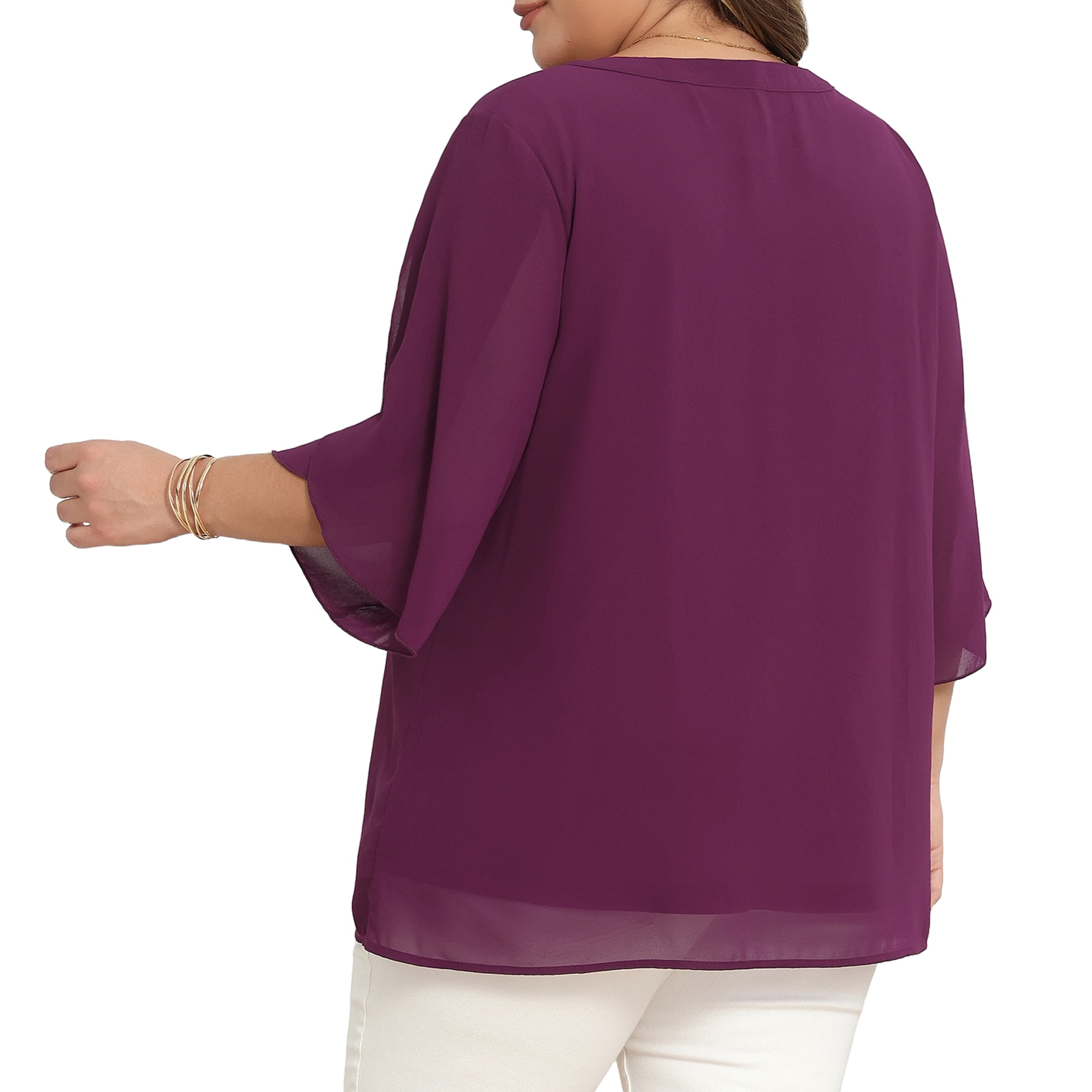 DARING DIVA Women's Plus Chiffon Pleated Front 3/4 Sleeve Top 3X Purple