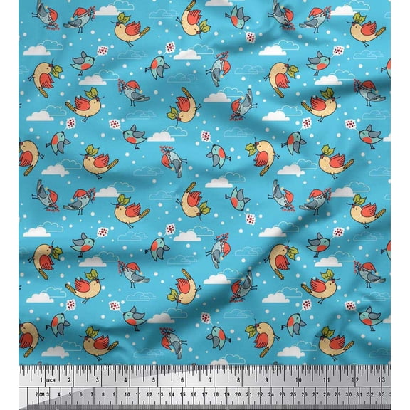 Soimoi Poly Georgette Fabric Dot,Cloud & Bird Cartoon Print Sewing Fabric Yard 42 Inch Wide