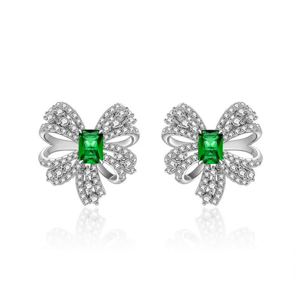 925 Sterling Silver Vintage Style Emerald Bow Shape Full Diamond Stud Earrings for Women Engagement Jewelry