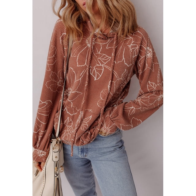 I AM A FASHION JUNKY Brown Floral Twisted Rib Drawstring Kangaroo Pocket Hoodie (Brown, S, 95%Polyester+5%Elastane)