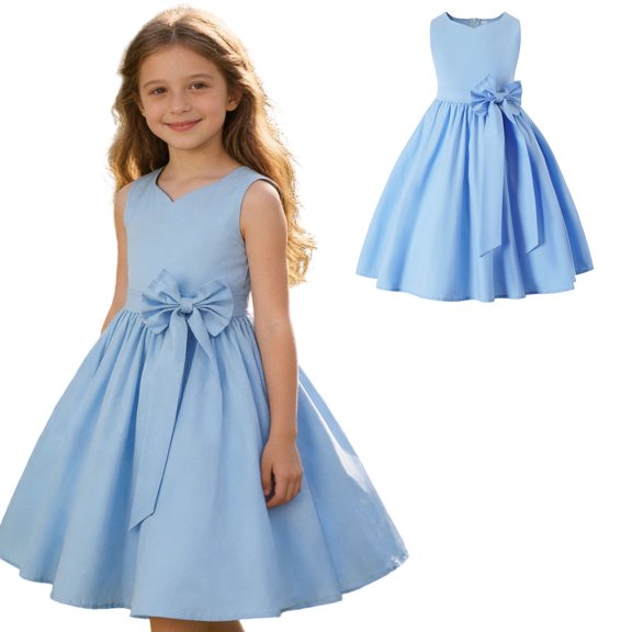 Toddler Girl Dress Blue Kids Sleeveless Ruffle Bow Dresses for Girls Summer Outfits Beach for Girls 7-8 Years Party Event