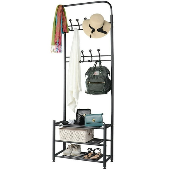 Hallway Coat Rack With Bottom 3-Tier Shoe Bench, Standing Metal Hall Tree Garment Rack Storage Shelf with 18 Hooks