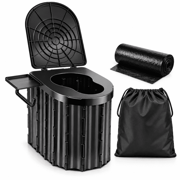 14.4-Inch Raised Portable Camping Toilet for Adults, Foldable Travel Toilet with Wide Seat, Side Shelf, Paper Holder, 12 Waste Bags and Carry Bag, Black