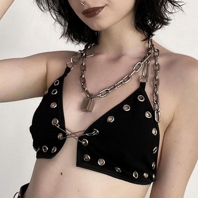 Top corto de moda de retazos con cadenas, Tops sin espalda, ropa con cuello Halter, hombros descubiertos , gótico para Festival de BLESIY Blusas de mujer
