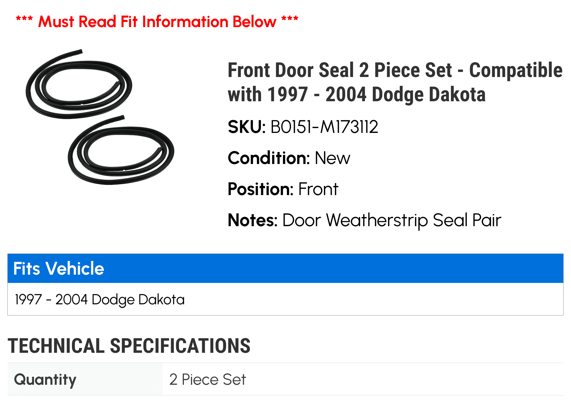 Door, Front Weatherstrips & Seal - 1999 Dodge Dakota