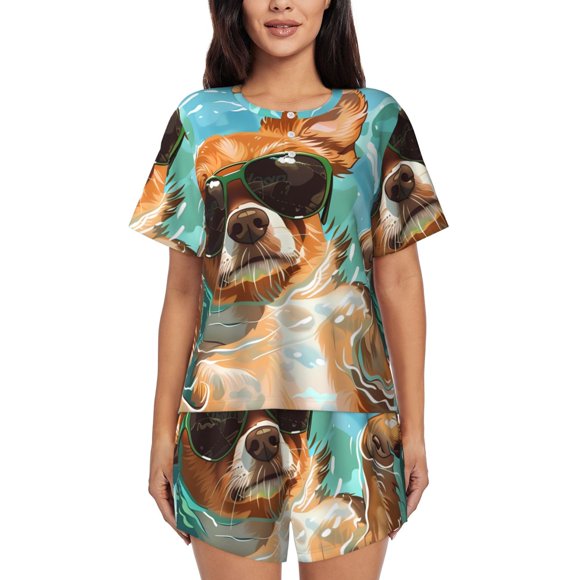 Fotbe Funny Swimming Chihuahua Conjunto de Pijama Estampado para Mujer, 2 Piezas, Ropa de Dormir con Camiseta de Manga Corta y Shorts Suaves-XX-Large