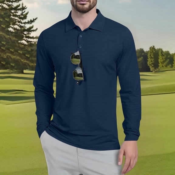 Men's Polo Shirt, Long Sleeve Tactical Shirts, Outdoor UPF 50  Pique Shirt, Dry Fit Lightweight Golf Shirts Dark Blue 2XL