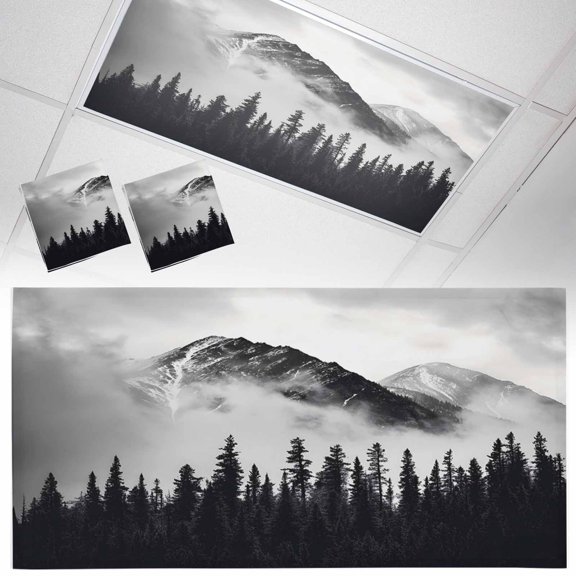 2 Pack Magnetic Fluorescent Light Covers, 2x4 Ft,Snow Mountain Black Forest Fog Nature Scenery Art Magnetic Light Covers for Ceiling Lights Classroom Office Home Decor