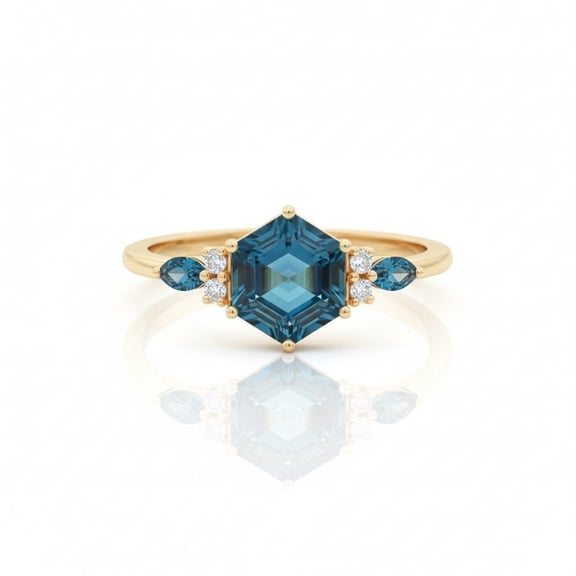 Hexagon & Marquise Cut Blue Topaz And Diamond Engagement Ring, London Blue Topaz Anniversary Ring, Minimalist Promise Ring, Birthstone Ring, Handmade Jewelry.