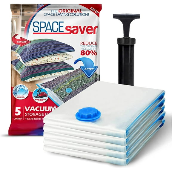 Spacesaver Jumbo Vacuum Storage Bags - 80% More Storage, Travel Hand-Pump, Double-Zip & Turbo-Valve, Space-Saving (5 Pack)