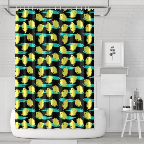 Floral Lemon Shower Curtain, Fresh Yellow Fruit Print Waterproof Bath Drapes 72x72 Inch Cute Summer Spring Polyester Fabric with 12 Hooks
