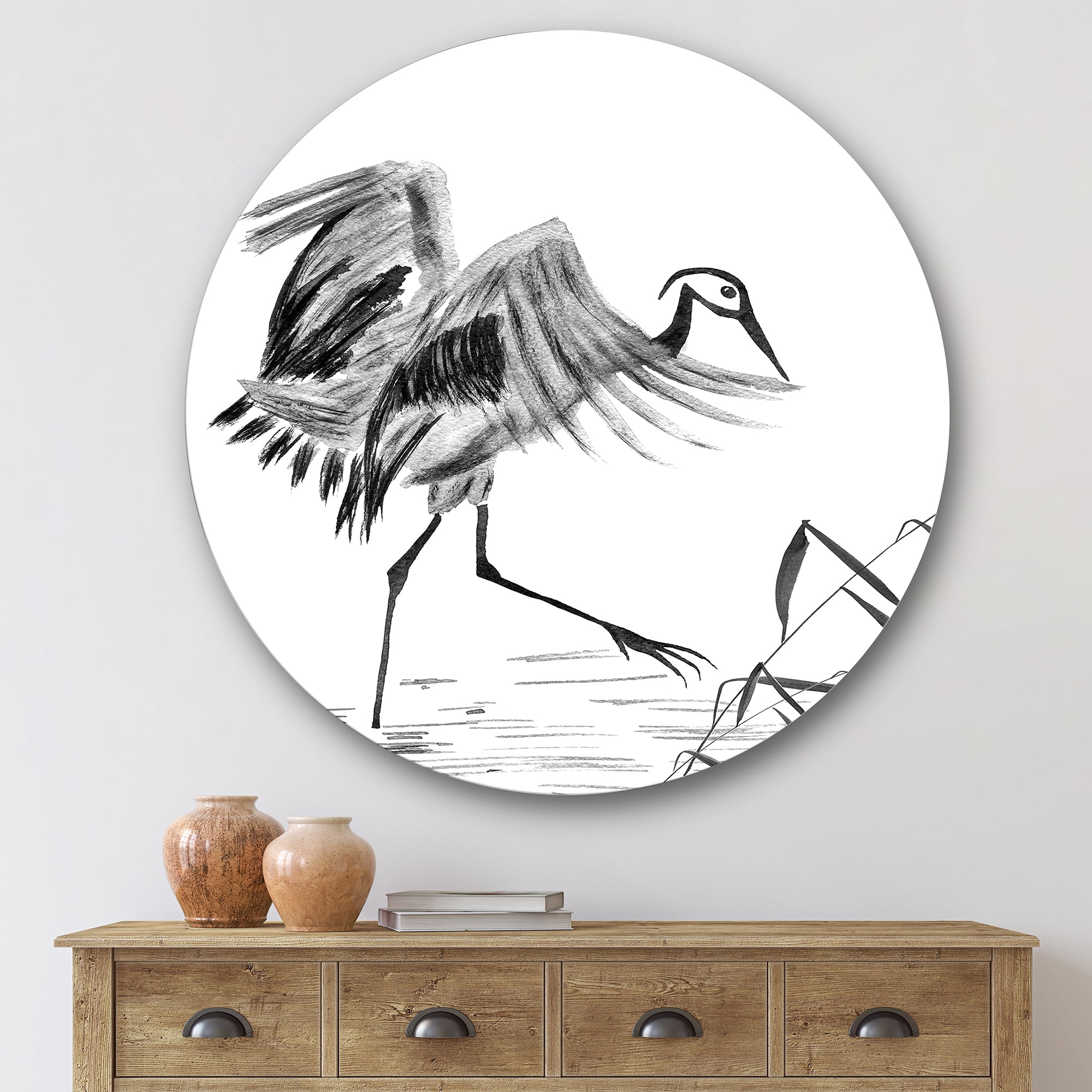 Designart 'Monochrome Japanese Oriental Crane Bird' Traditional Circle Metal Wall Art 36x36 - Disc of 36