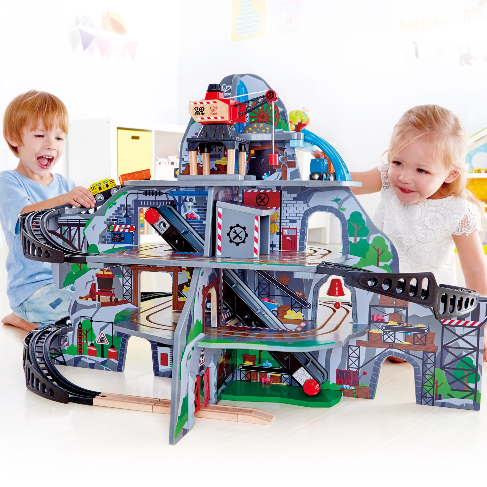 Hape Railway Mighty Mountain Train Multi-Level Wood Set, Crane, Conveyor Belt, and Bridge, Gift Idea for Toddlers & Kids Ages 3 to 10 Years Old