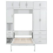 EUROCO Wood Murphy Bed, Storage Wall Bed with Cabinets and Drawers, Clever Furniture Set with Wardrobe for Living Room, Assemble Video Provided, Twin