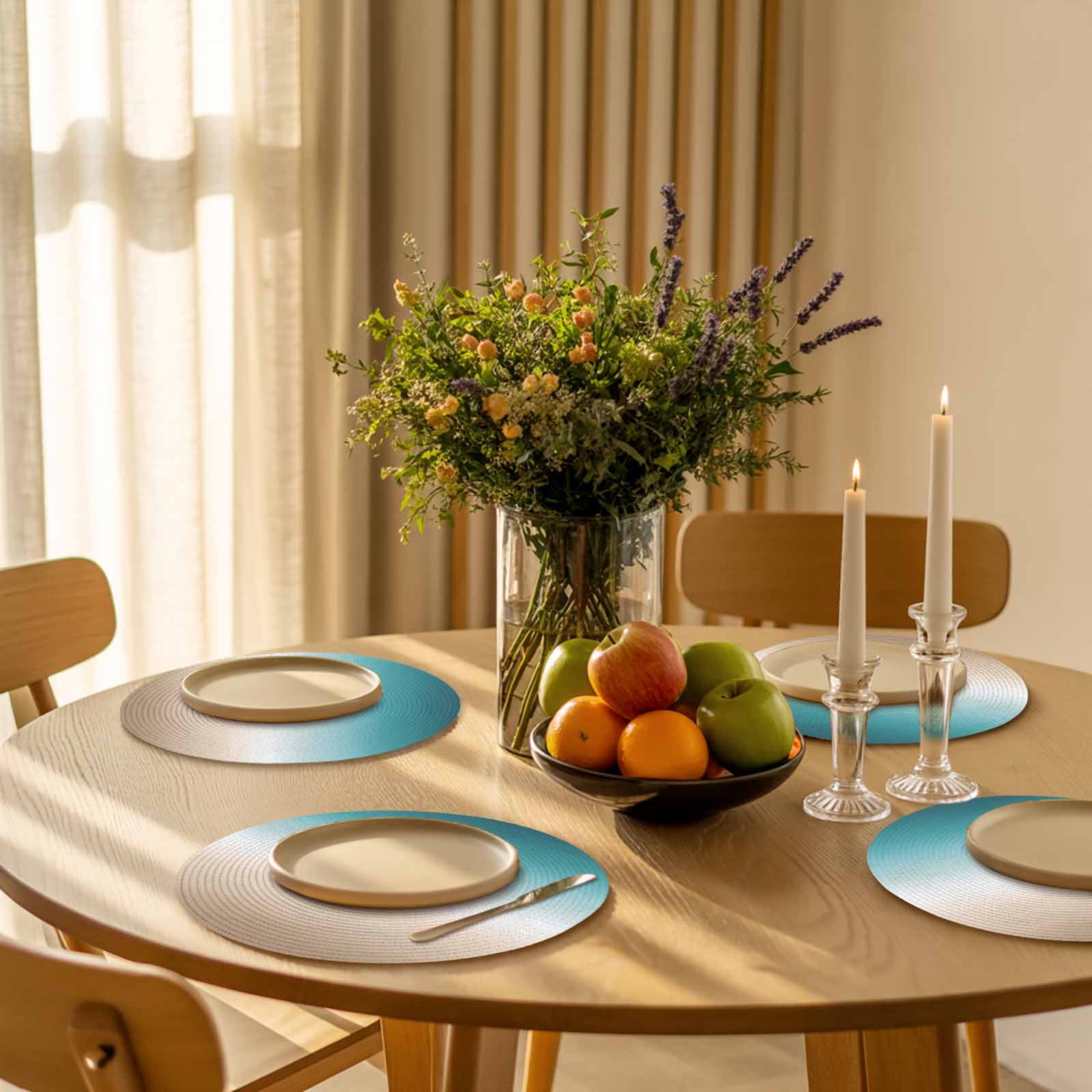 Teal Beige Ombre Cream Round 13 Inch Placemats Set of 6, Modern Turquoise Abstract Art Aesthetics HeatResistant Non Slip Place Mats for Dining Table, Wipeable Kitchen Table Mats for Housewarming