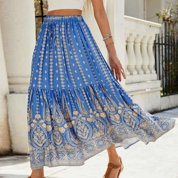 Mqqzkk High Waist Maxi Skirts for Women Printed Flowy Skirts Below Knee 2025 Fashion Skirts Trendy Soft Comfy Skirts