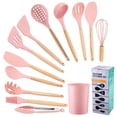 thumbnail image 2 of 13pcs Kitchenware Set Silicone Pink Household Cooking Utensil Shovel Ladle Spatula Eggbeater Brush with Wooden Handle Storage Container, 2 of 9