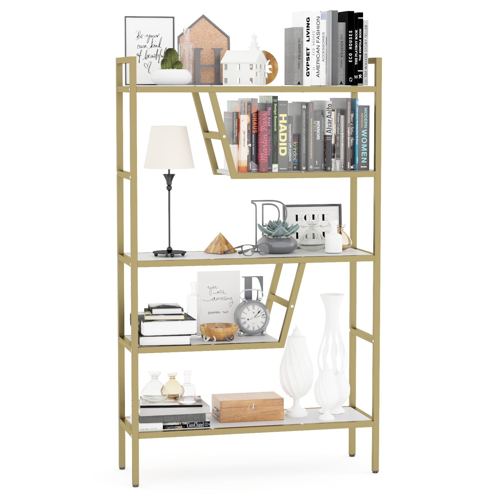 Multifunctional 5 Shelf Metal Bookcase Ladder Plant Flower Stand DIY Rack Storage, Gold