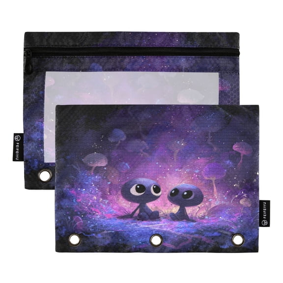 2 Pack 3 Ring Binder Pouch with Clear PVC Window Water Resistant Zipper Pencil Pouch Purple Alien Binder Pocket for Classroom Office Home Stationery Organization