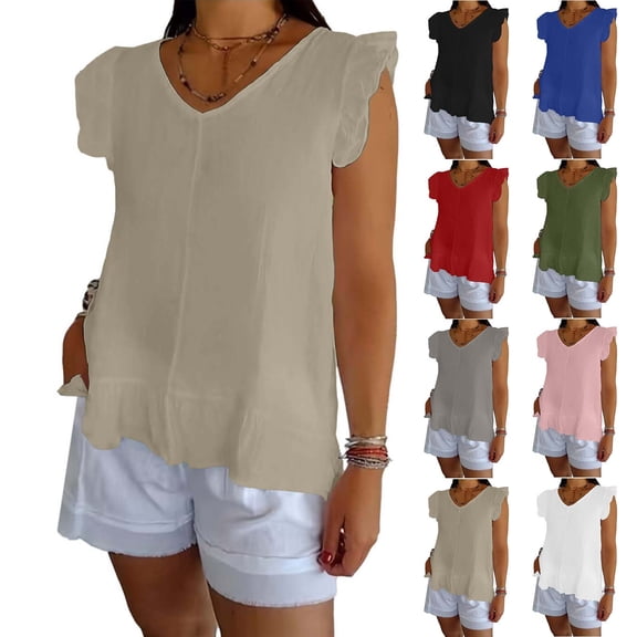 Womens Cute V Neck Ruffle Sleeveless Shirts Elegant Tank Tops Blouses Pleated Hem Casual Solid Color Tees White